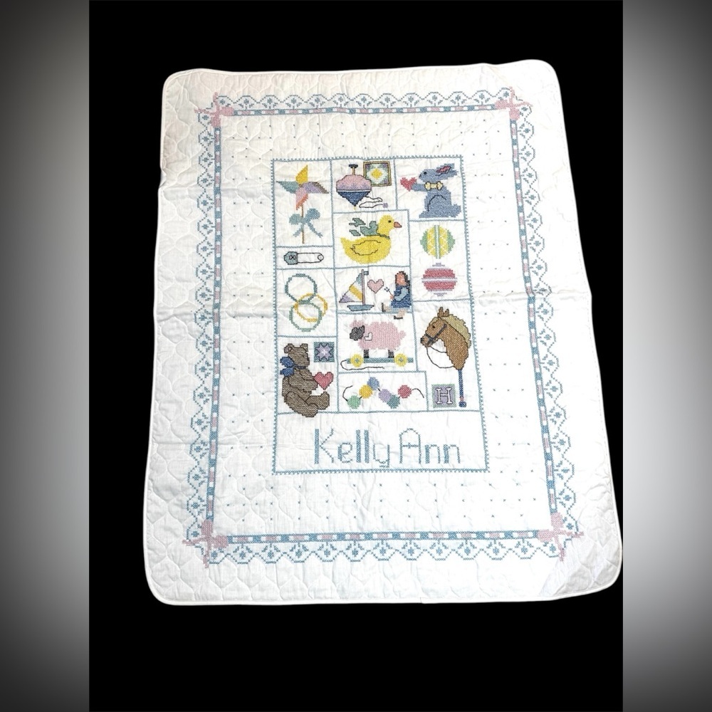 Hand Cross-Stitched Vintage Baby Blanket “Kelly Ann” Nursery Decor